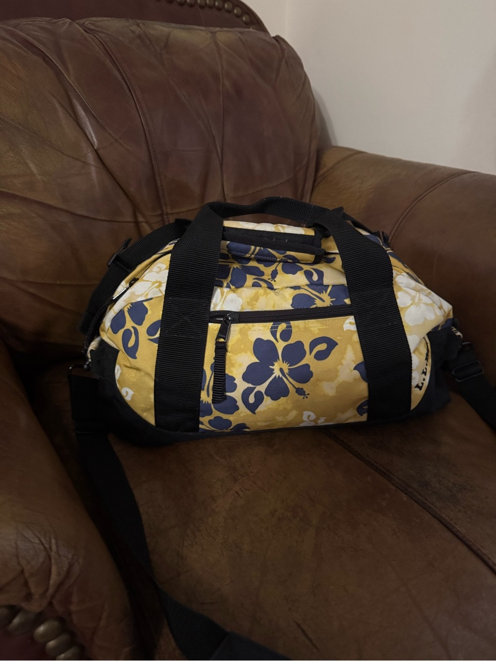 L.L. Bean Yellow Floral Travel Duffle with Navy and Black Straps